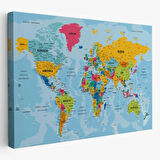 Detaylı Okyanuslu Türkçe Dünya Haritası, Harita Dekoratif Kanvas Tablo, Duvar Dekoru 2170