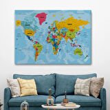 Detaylı Okyanuslu Türkçe Dünya Haritası, Harita Dekoratif Kanvas Tablo, Duvar Dekoru 2170