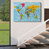 Detaylı Okyanuslu Türkçe Dünya Haritası, Harita Dekoratif Kanvas Tablo, Duvar Dekoru 2170