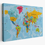 Detaylı Okyanuslu İngilizce Dünya Haritası, Harita Dekoratif Kanvas Tablo, Duvar Dekoru 2171
