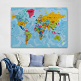 Detaylı Okyanuslu İngilizce Dünya Haritası, Harita Dekoratif Kanvas Tablo, Duvar Dekoru 2171