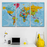 Detaylı Okyanuslu İngilizce Dünya Haritası, Harita Dekoratif Kanvas Tablo, Duvar Dekoru 2171