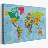 Detaylı Okyanuslu İngilizce Dünya Haritası, Harita Dekoratif Kanvas Tablo, Duvar Dekoru 2173