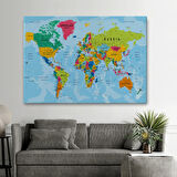 Detaylı Okyanuslu İngilizce Dünya Haritası, Harita Dekoratif Kanvas Tablo, Duvar Dekoru 2173