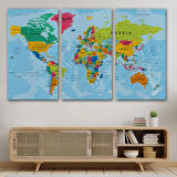 Detaylı Okyanuslu İngilizce Dünya Haritası, Harita Dekoratif Kanvas Tablo, Duvar Dekoru 2173