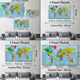 Detaylı Okyanuslu İngilizce Dünya Haritası, Harita Dekoratif Kanvas Tablo, Duvar Dekoru 2173