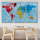 Detaylı Okyanuslu İngilizce Dünya Haritası, Harita Dekoratif Kanvas Tablo, Duvar Dekoru 2181