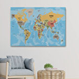 Ülke Başkentli Okyanuslu İngilizce Dünya Haritası Dekoratif Kanvas Tablo, Duvar Dekoru 2229