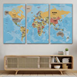 Ülke Başkentli Okyanuslu İngilizce Dünya Haritası Dekoratif Kanvas Tablo, Duvar Dekoru 2229