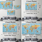 Ülke Başkentli Okyanuslu İngilizce Dünya Haritası Dekoratif Kanvas Tablo, Duvar Dekoru 2229