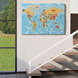 Ülke Başkentli Okyanuslu İngilizce Dünya Haritası Dekoratif Kanvas Tablo, Duvar Dekoru 2229