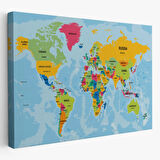 Ülke Başkentli Okyanuslu İngilizce Dünya Haritası Dekoratif Kanvas Tablo, Duvar Dekoru 2243