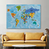 Ülke Başkentli Okyanuslu Türkçe Dünya Haritası Dekoratif Kanvas Tablo, Duvar Dekoru 2260