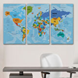 Ülke Başkentli Okyanuslu Türkçe Dünya Haritası Dekoratif Kanvas Tablo, Duvar Dekoru 2260