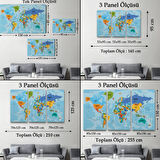 Ülke Başkentli Okyanuslu Türkçe Dünya Haritası Dekoratif Kanvas Tablo, Duvar Dekoru 2260