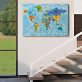 Ülke Başkentli Okyanuslu Türkçe Dünya Haritası Dekoratif Kanvas Tablo, Duvar Dekoru 2260