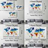 Ülke Başkentli Sembollü Eğitici Türkçe Dünya Haritası Dekoratif Kanvas Tablo, Duvar Dekoru 2266