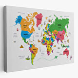 Ülke Başkentli Sembollü Eğitici Türkçe Dünya Haritası Dekoratif Kanvas Tablo, Duvar Dekoru 2272