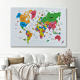 Ülke Başkentli Sembollü Eğitici Türkçe Dünya Haritası Dekoratif Kanvas Tablo, Duvar Dekoru 2272