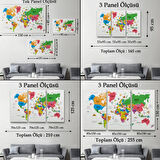 Ülke Başkentli Sembollü Eğitici Türkçe Dünya Haritası Dekoratif Kanvas Tablo, Duvar Dekoru 2272