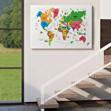 Ülke Başkentli Sembollü Eğitici Türkçe Dünya Haritası Dekoratif Kanvas Tablo, Duvar Dekoru 2272