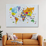Ülke Başkentli Sembollü Eğitici Türkçe Dünya Haritası Dekoratif Kanvas Tablo, Duvar Dekoru 2280
