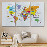 Ülke Başkentli Sembollü Eğitici Türkçe Dünya Haritası Dekoratif Kanvas Tablo, Duvar Dekoru 2280