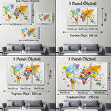 Ülke Başkentli Sembollü Eğitici Türkçe Dünya Haritası Dekoratif Kanvas Tablo, Duvar Dekoru 2280