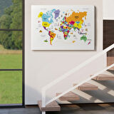 Ülke Başkentli Sembollü Eğitici Türkçe Dünya Haritası Dekoratif Kanvas Tablo, Duvar Dekoru 2280