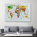 Ülke Başkentli Sembollü Eğitici Türkçe Dünya Haritası Dekoratif Kanvas Tablo, Duvar Dekoru 2286