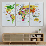 Ülke Başkentli Sembollü Eğitici Türkçe Dünya Haritası Dekoratif Kanvas Tablo, Duvar Dekoru 2286