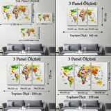 Ülke Başkentli Sembollü Eğitici Türkçe Dünya Haritası Dekoratif Kanvas Tablo, Duvar Dekoru 2286
