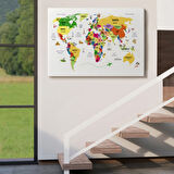 Ülke Başkentli Sembollü Eğitici Türkçe Dünya Haritası Dekoratif Kanvas Tablo, Duvar Dekoru 2286