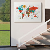 Ülke Başkentli Sembollü Eğitici Türkçe Dünya Haritası Dekoratif Kanvas Tablo, Duvar Dekoru 2290