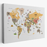 Ülke Başkent Sembollü Eğitici İngilizce Dünya Haritası Dekoratif Kanvas Tablo, Duvar Dekoru 2303