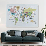 Ülke Başkent Sembollü Eğitici Türkçe Dünya Haritası Dekoratif Kanvas Tablo, Duvar Dekoru 2306