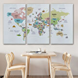 Ülke Başkent Sembollü Eğitici Türkçe Dünya Haritası Dekoratif Kanvas Tablo, Duvar Dekoru 2306