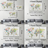 Ülke Başkent Sembollü Eğitici Türkçe Dünya Haritası Dekoratif Kanvas Tablo, Duvar Dekoru 2306