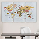 Ülke Başkent Sembollü Eğitici İngilizce Dünya Haritası Dekoratif Kanvas Tablo, Duvar Dekoru 2309