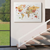 Ülke Başkent Sembollü Eğitici İngilizce Dünya Haritası Dekoratif Kanvas Tablo, Duvar Dekoru 2309