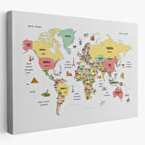 Ülke Başkent Sembollü Eğitici Türkçe Dünya Haritası Dekoratif Kanvas Tablo, Duvar Dekoru 2312