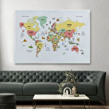 Ülke Başkent Sembollü Eğitici Türkçe Dünya Haritası Dekoratif Kanvas Tablo, Duvar Dekoru 2312