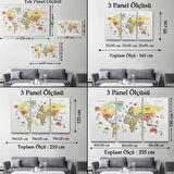 Ülke Başkent Sembollü Eğitici Türkçe Dünya Haritası Dekoratif Kanvas Tablo, Duvar Dekoru 2312