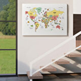 Ülke Başkent Sembollü Eğitici Türkçe Dünya Haritası Dekoratif Kanvas Tablo, Duvar Dekoru 2312