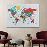 Ülke Başkent Sembollü Eğitici İngilizce Dünya Haritası Dekoratif Kanvas Tablo, Duvar Dekoru 2315