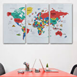 Ülke Başkent Sembollü Eğitici İngilizce Dünya Haritası Dekoratif Kanvas Tablo, Duvar Dekoru 2315