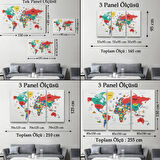 Ülke Başkent Sembollü Eğitici İngilizce Dünya Haritası Dekoratif Kanvas Tablo, Duvar Dekoru 2315