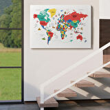 Ülke Başkent Sembollü Eğitici İngilizce Dünya Haritası Dekoratif Kanvas Tablo, Duvar Dekoru 2315