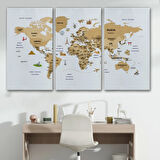 Ülke Başkent Sembollü Eğitici Türkçe Dünya Haritası Dekoratif Kanvas Tablo, Duvar Dekoru 2322