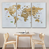 Ülke Başkent Sembollü Eğitici İngilizce Dünya Haritası Dekoratif Kanvas Tablo, Duvar Dekoru 2323